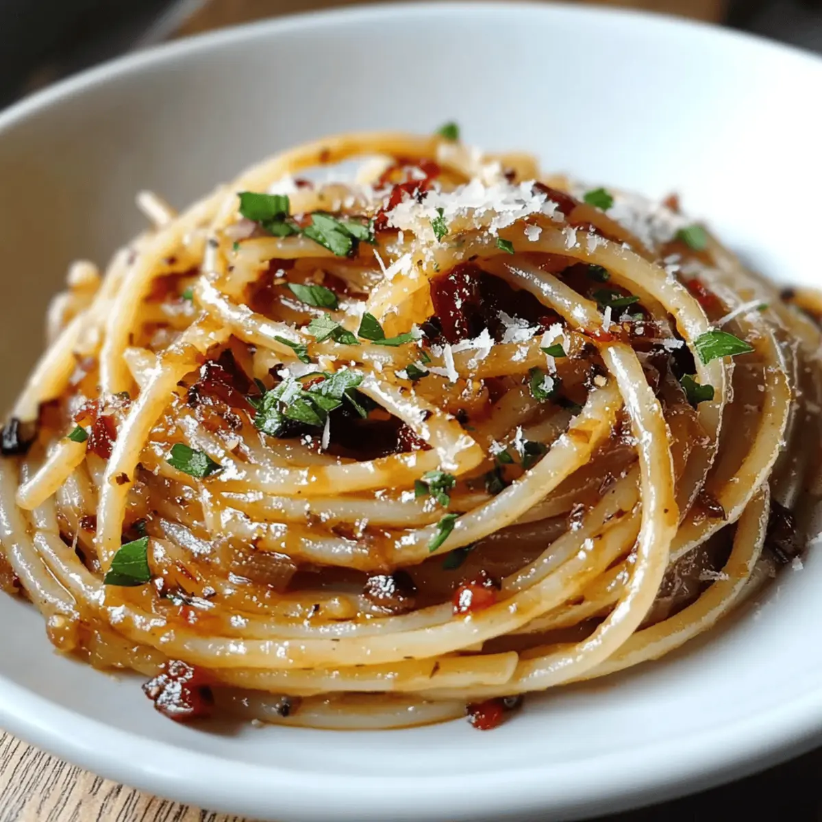 Caramelized Onion Pasta with Chilli Oil