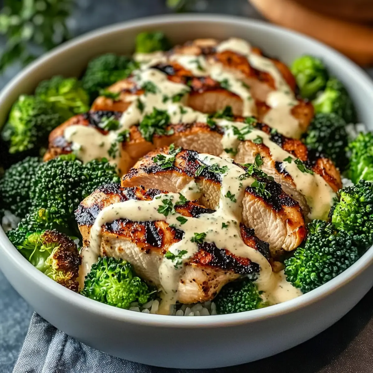 Grilled Chicken & Broccoli Bowls with Creamy Garlic Sauce