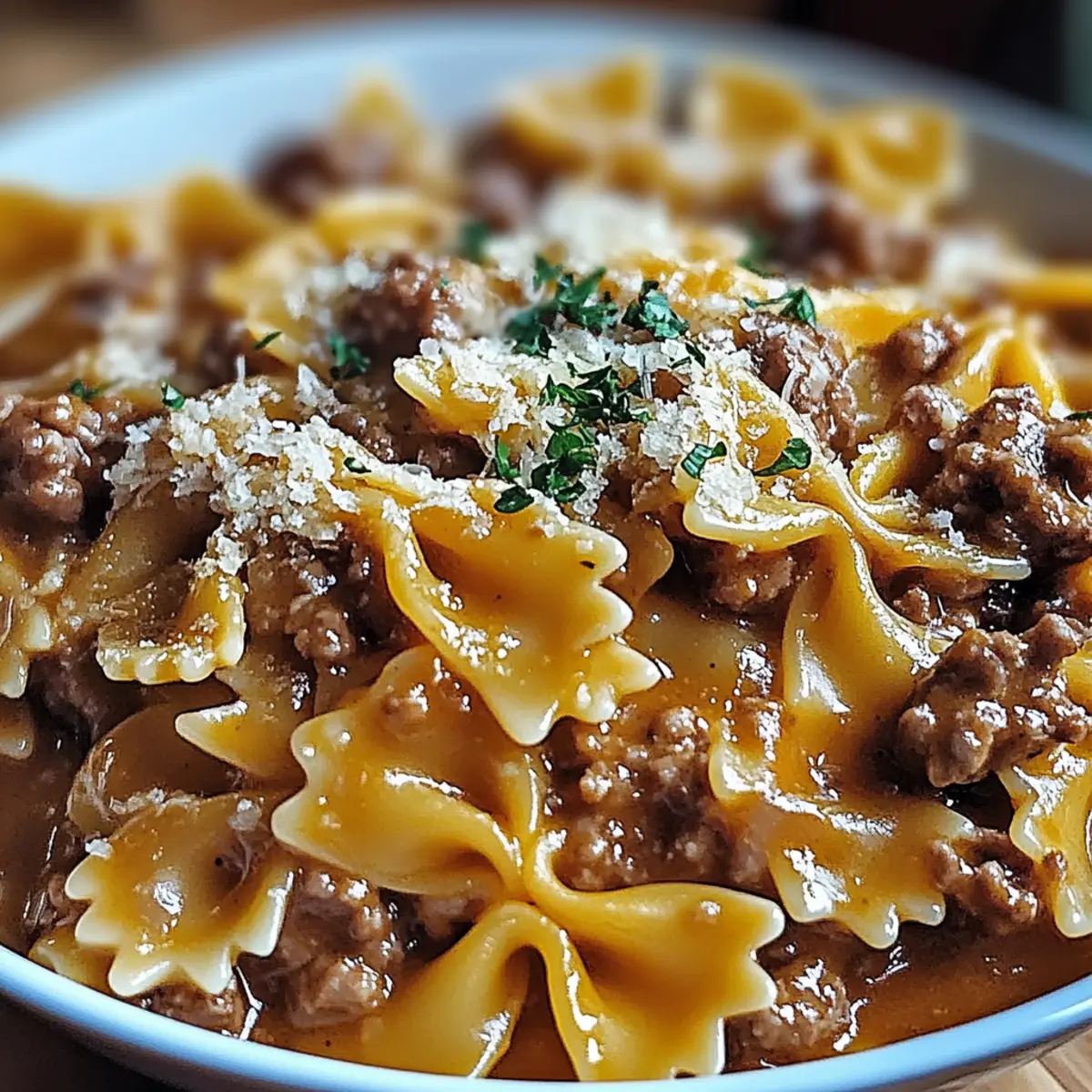 Cheesy Beef and Bowtie Pasta in Garlic Butter