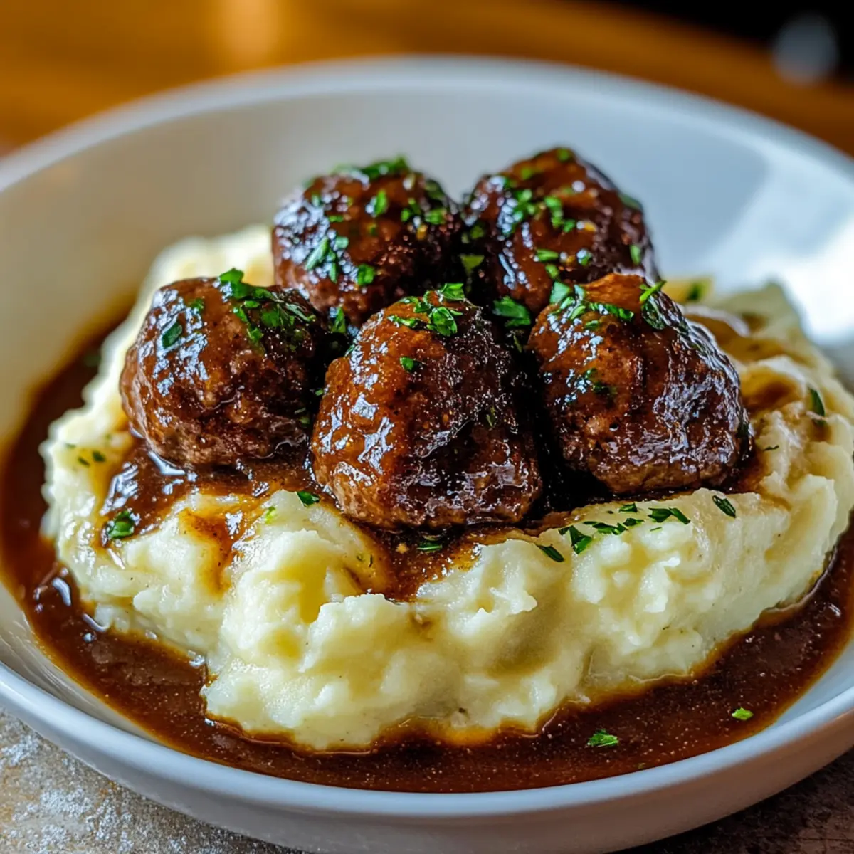 Salisbury Steak Meatballs With Garlic Herb Mashed Potatoes Recipe