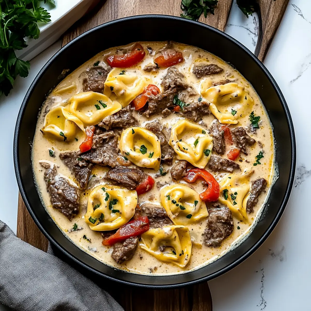 Cheesesteak Tortellini in Creamy Provolone Sauce