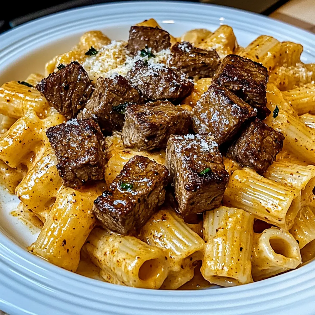 Cajun Steak Tips in Cheesy Rigatoni Parmesan Sauce