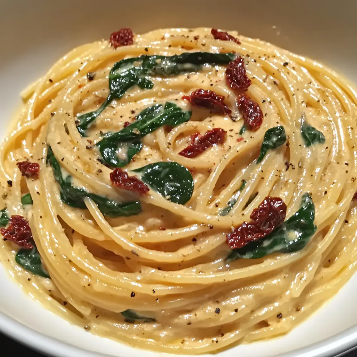 Spaghetti & Spinach with Sun-Dried Tomato Cream Sauce