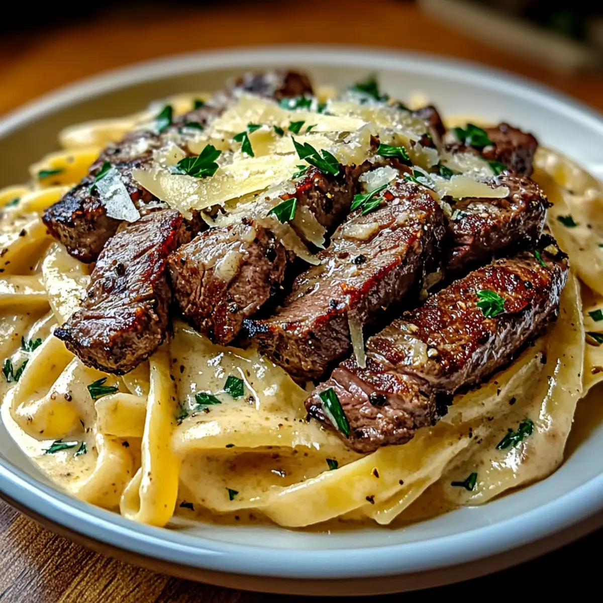 Steak and Creamy Garlic Parmesan Pasta