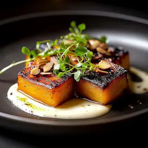 Sweet Potato Fondant with Smoked Almond Cream & Rosemary Oil