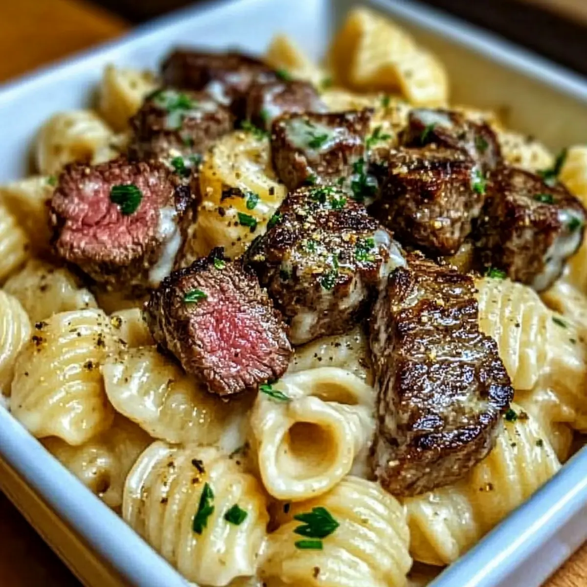 Steak Bites and Shell Pasta