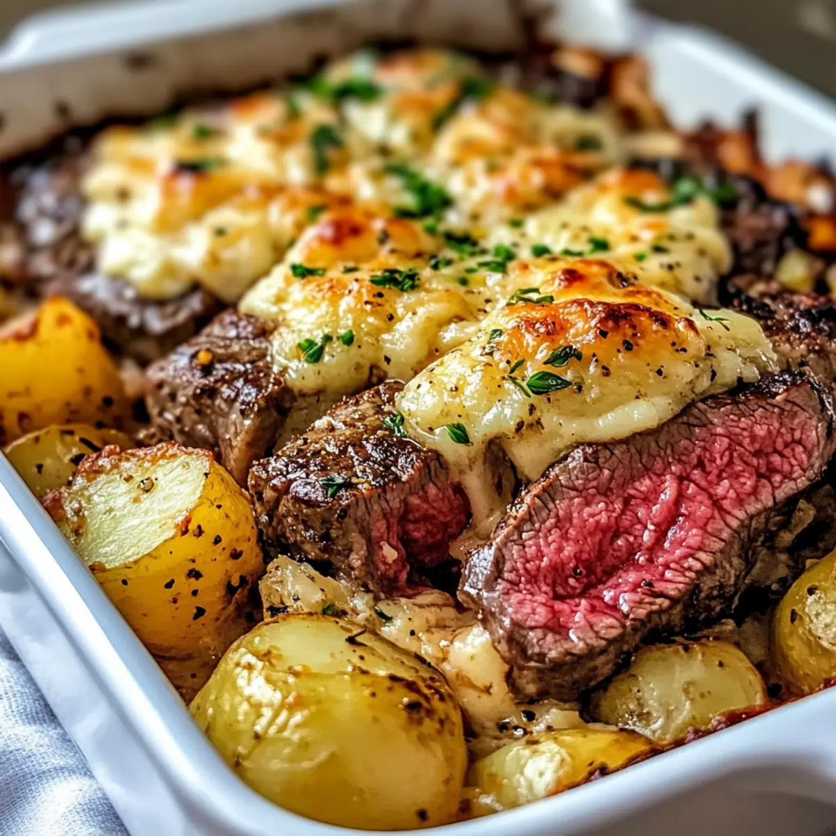 Garlic Butter Steak & Cheddar Potato Bake