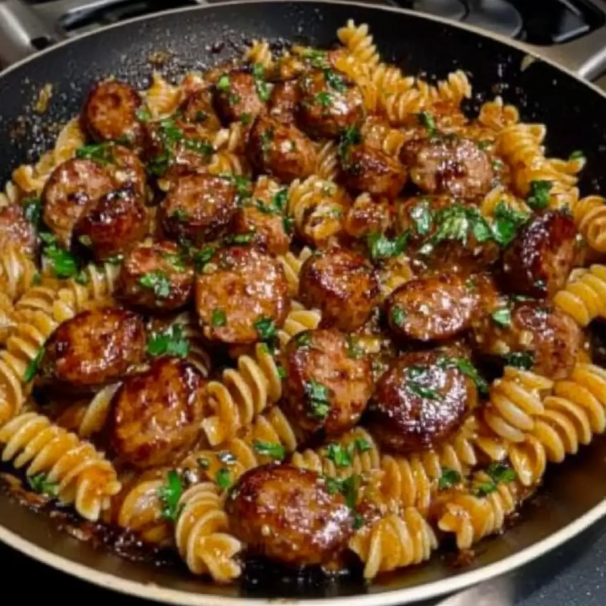 Sticky Honey Garlic Sausage Pasta Skillet