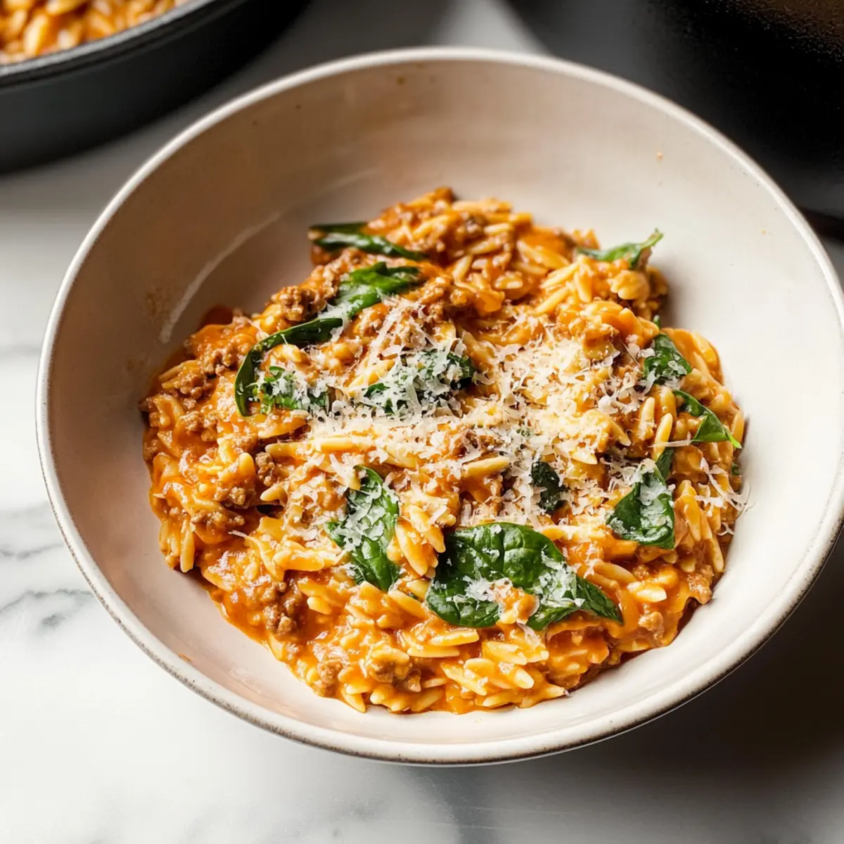 Ground Beef Orzo with Tomato Cream Sauce