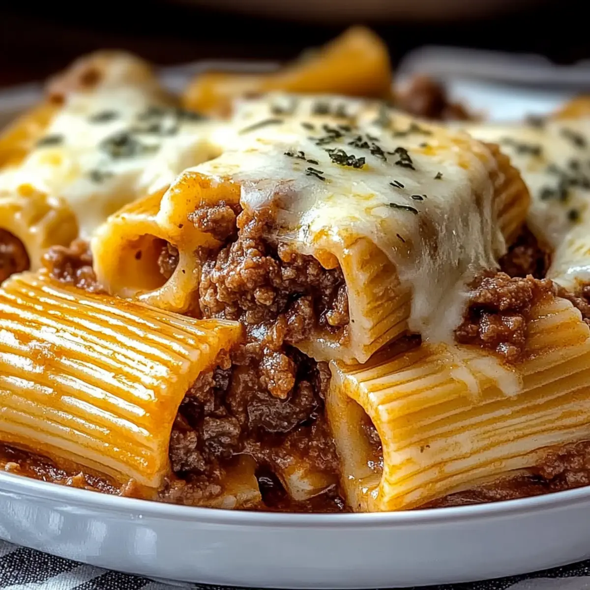 Baked Rigatoni Stuffed with Beef Ragu & Mozzarella
