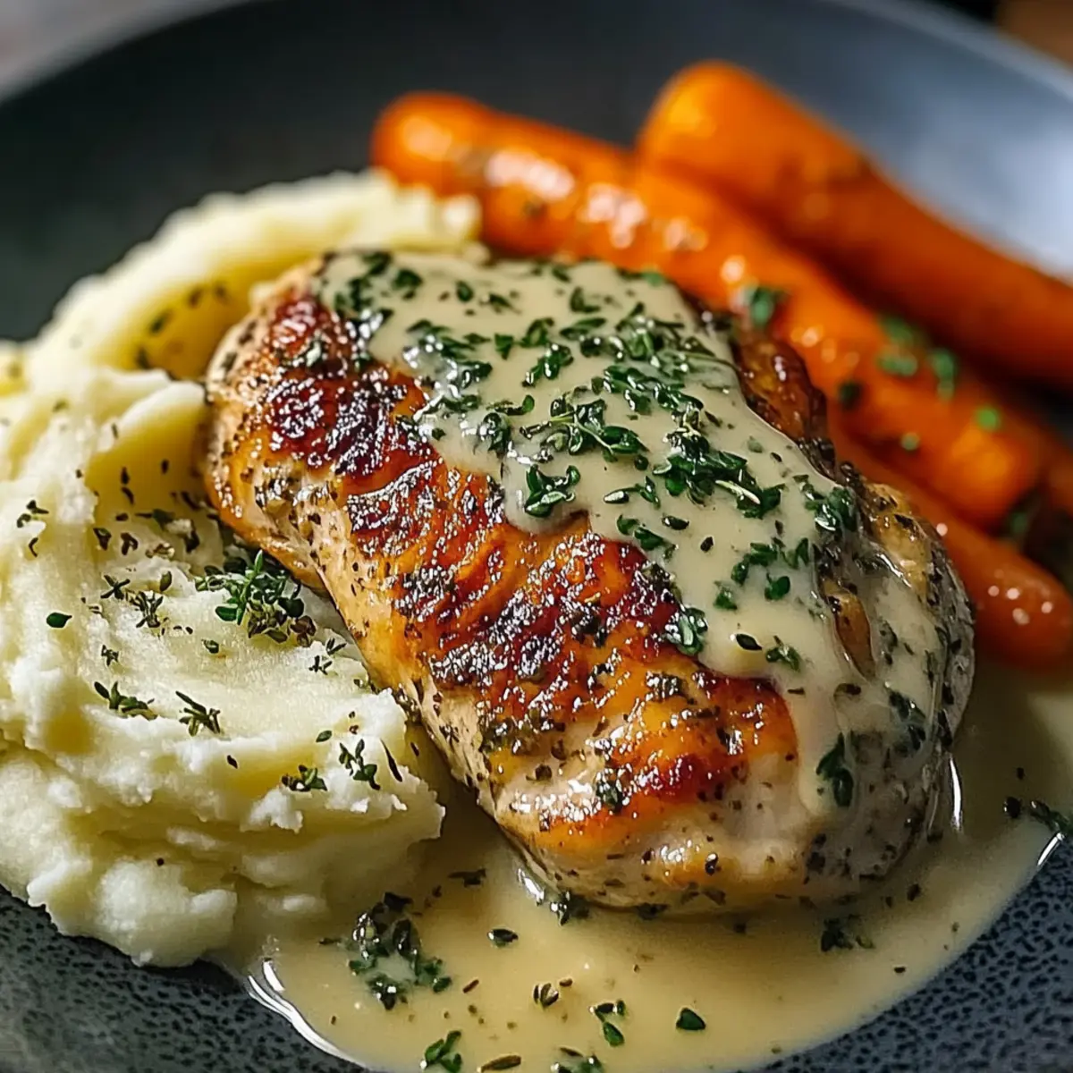 Creamy Herb Chicken with Mashed Potatoes & Glazed Carrots