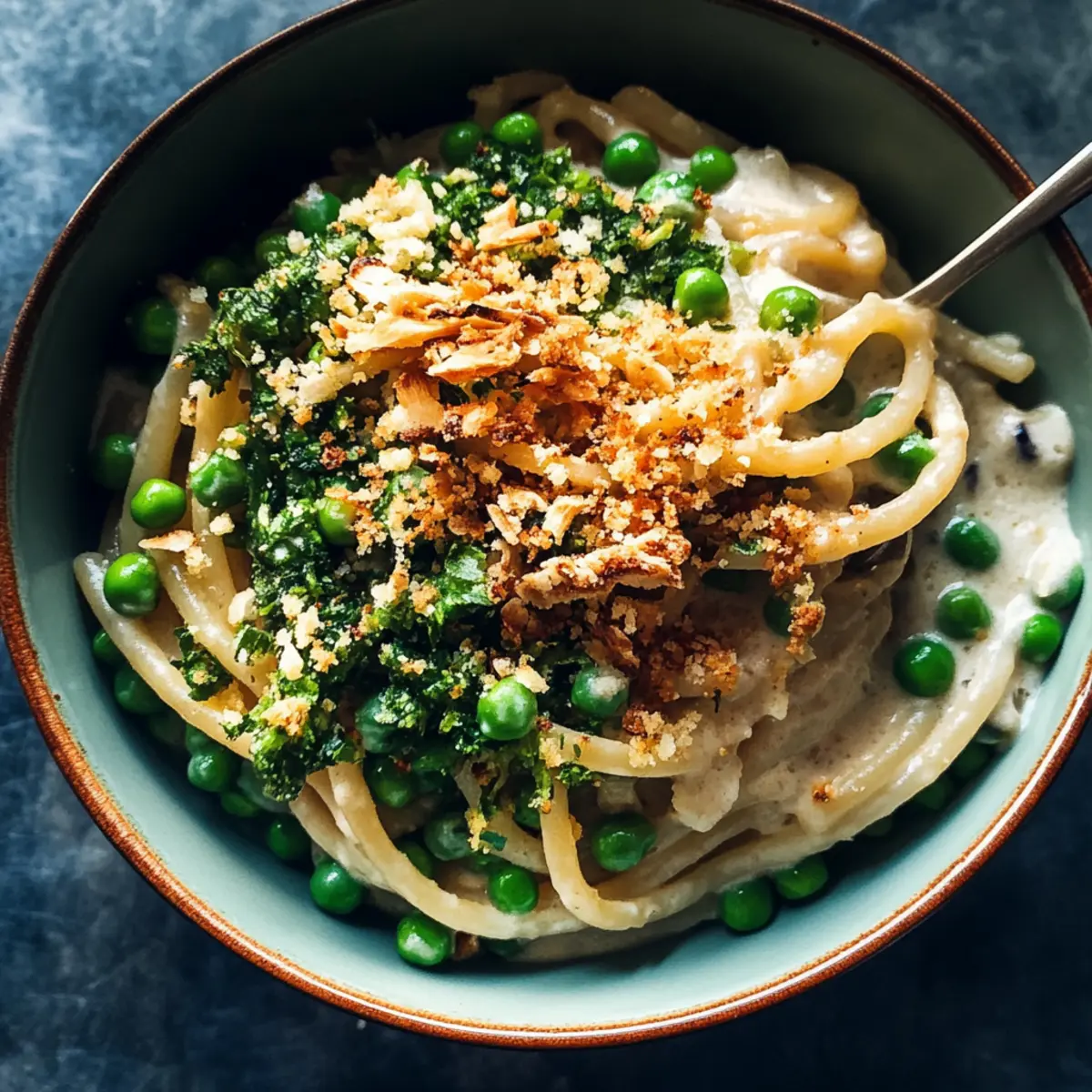 Garlic Cream Bucatini with Peas and Asparagus