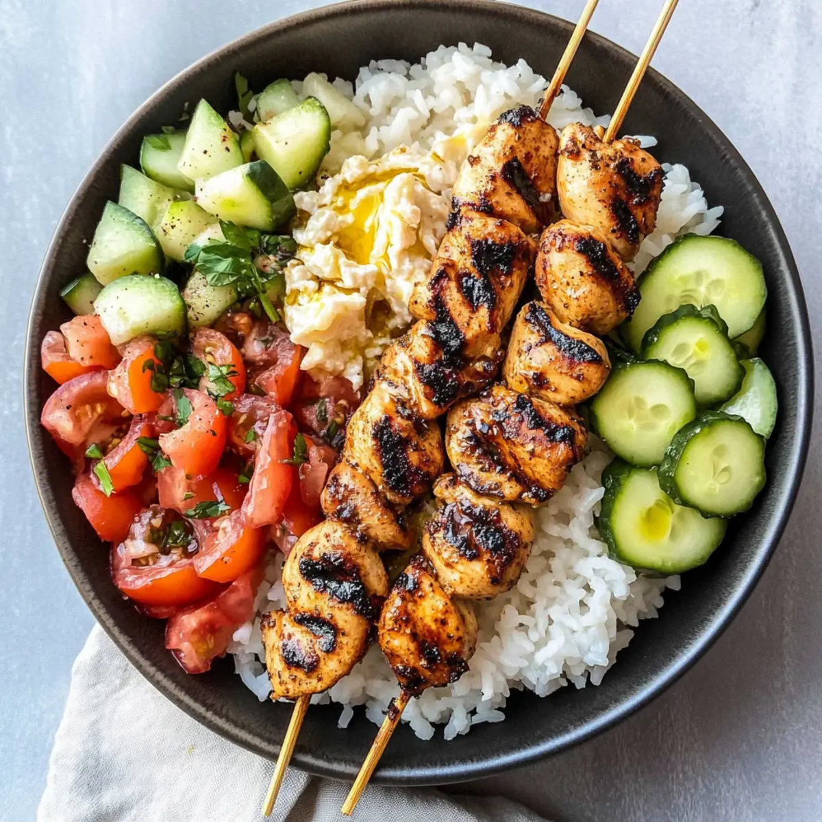 Mediterranean Rice Bowl with Grilled Chicken Tawook Skewers