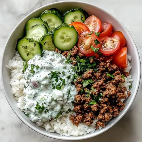 Greek Ground Beef Bowl with Tzatziki