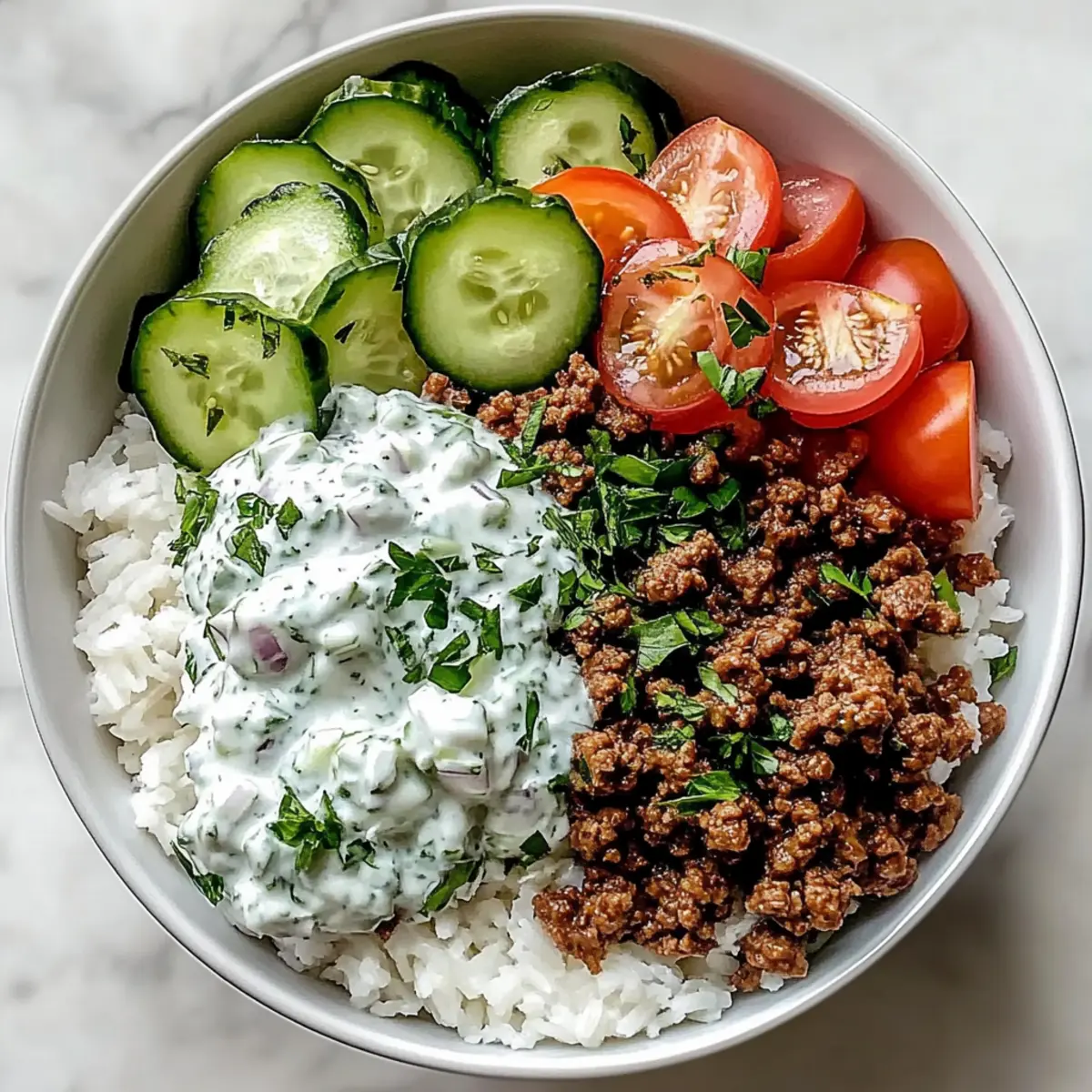 Greek Ground Beef Bowl with Tzatziki