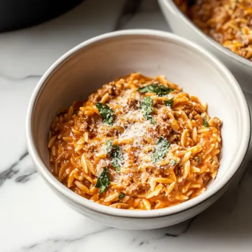 Ground Beef Orzo with Tomato Cream Sauce